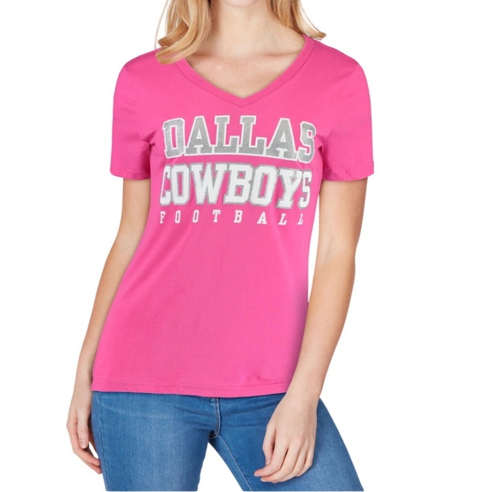 Dallas Cowboys Her Style Women's Pink Team Practice Glitter V-Neck T-Shirt Large